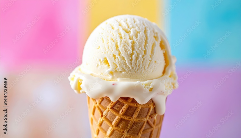Close-up of a delicious ice cream cone with white vanilla ice cream, set against a colorful blurred background Close-up of a delicious ice cream cone with white vanilla ice cream, set against a colorful blurred background
