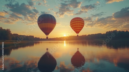 Colorful Hot Air Balloons Ascending into Clear Blue Sky Over Scenic Landscape with Rolling Hills