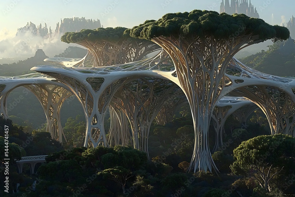 Fototapeta premium Genetically enhanced forest with trees engineered to absorb carbon at an accelerated rate standing tall in a forest of futuristic design