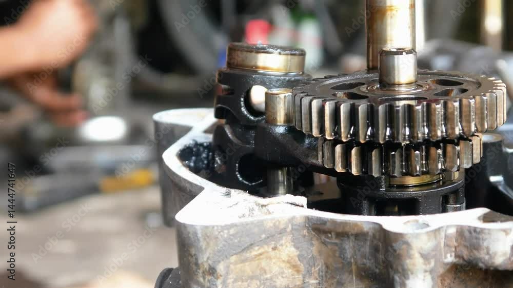 Close up of motorcycle gear ratio with motorcycle repair mechanic background Close up of motorcycle gear ratio with motorcycle repair mechanic background