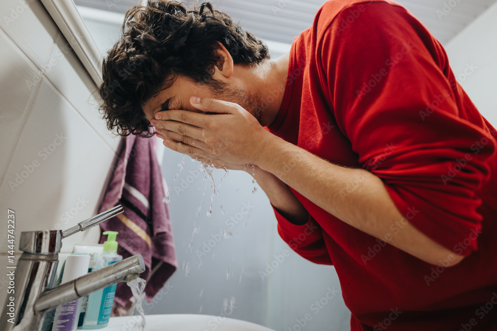 A man in a red shirt is washing his face with water from a bathroom sink, capturing a refreshing morning routine.