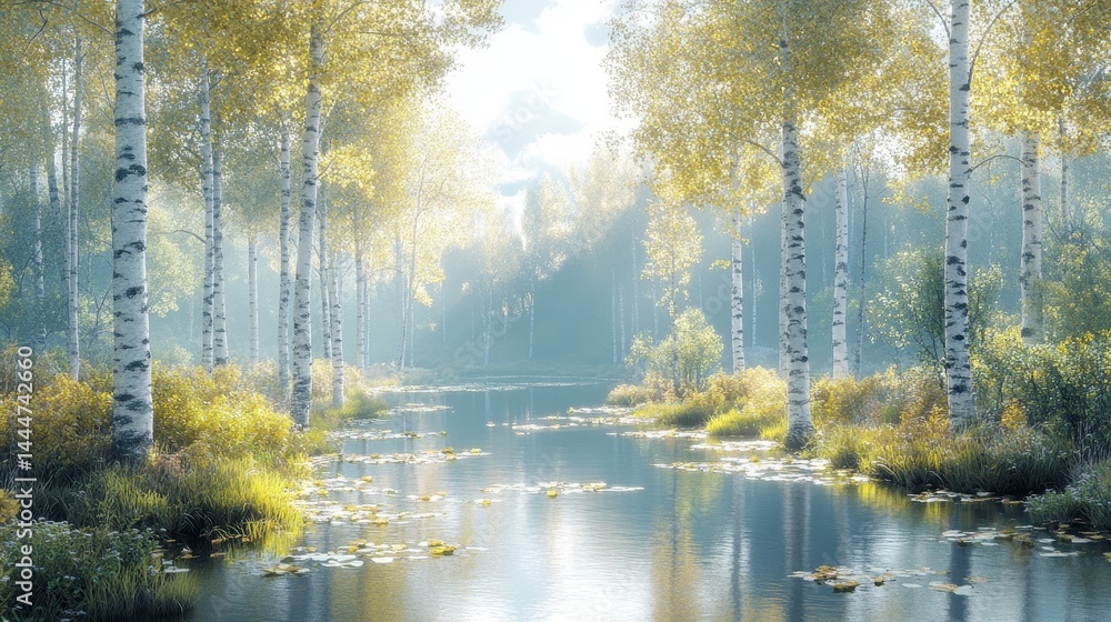 Fototapeta premium Serene Autumn Landscape with Birch Trees Reflecting on Calm River Waters