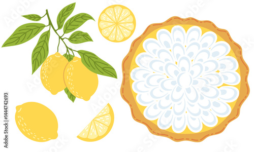Lemon fruit and lemon merengue pie. Lemon cake dessert. Cartoon, vector style. Lemon dessert. Summer desserts elements. 
