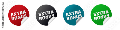 Extra Bonus – glossy stickers: red, black, blue, green – vector illustration