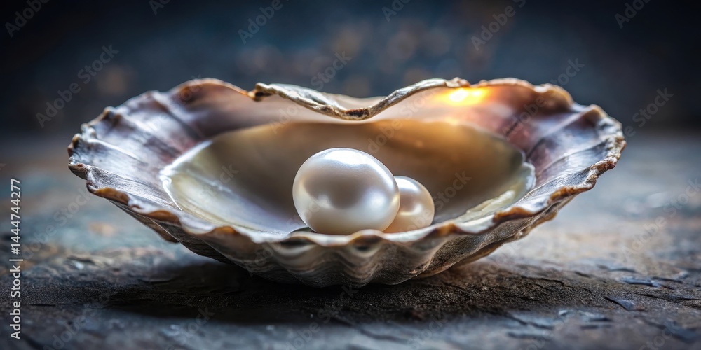 Delicate natural pearl nestled within an oyster shell, its luminous surface glowing softly on a dark background, surrounded by subtle texture and organic curves , oceanic, gemstones Delicate natural pearl nestled within an oyster shell, its luminous surface glowing softly on a dark background, surrounded by subtle texture and organic curves , oceanic, gemstones