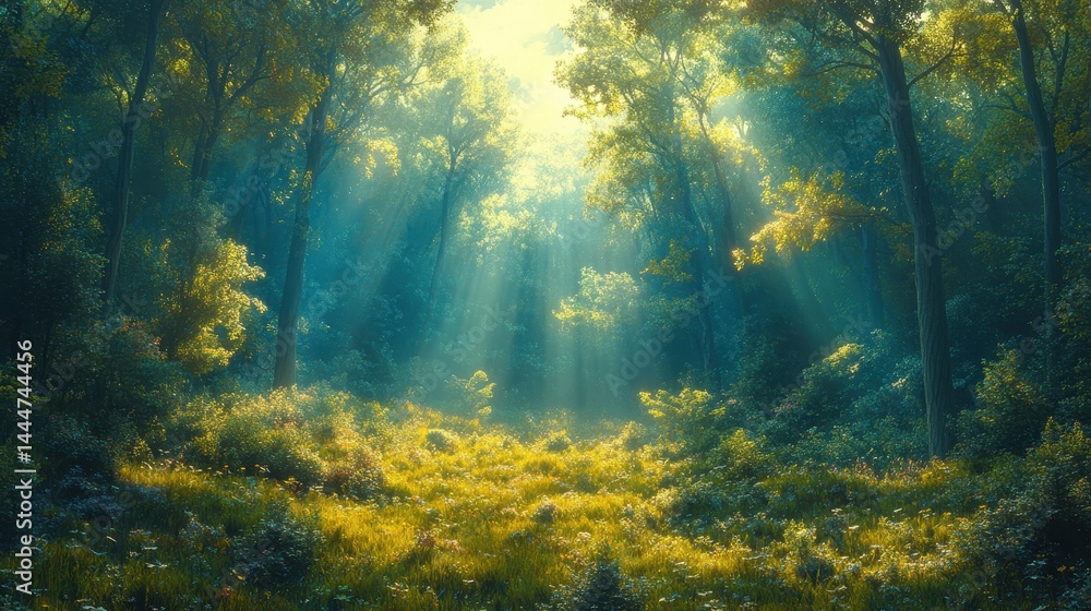 Fototapeta premium Serene forest landscape with sunlight filtering through trees, showcasing vibrant flora