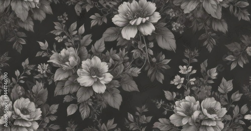 Subtle charcoal floral wallpaper, vintage print  Delicate blooms & leaves , charcoal, small, seamless