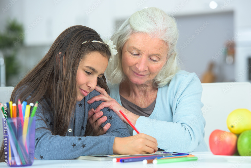 Grandmother holding arm of girl, colouring Grandmother holding arm of girl, colouring