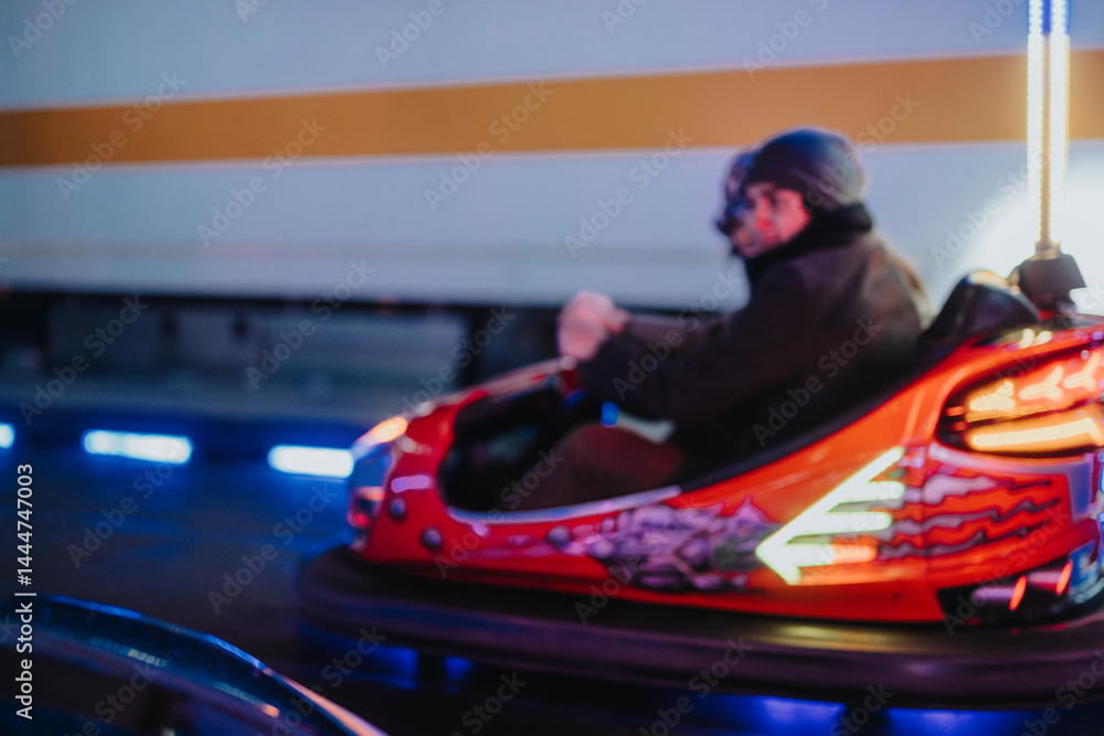 A vibrant scene of an individual enjoying a bumper car ride surrounded by festive lighting during a fun amusement park visit, encapsulating joy and enthusiasm.