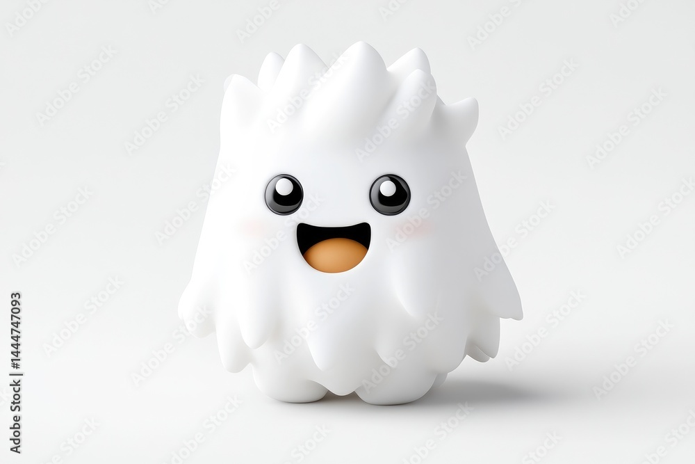 Obraz premium Fluffy white ghost character with cheerful expression