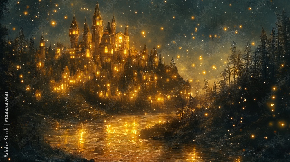 Obraz premium Majestic Castle Illuminated by Moonlight Surrounded by Mystical Night Sky and Starry Atmosphere