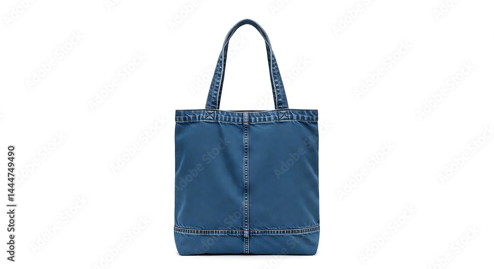 A denim tote bag with visible seams and short handles positioned in the middle of a white background
A denim tote bag with visible seams and short handles positioned in the middle of a white background