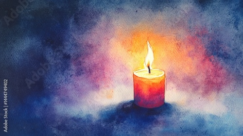 Soft watercolor depiction of a single candle flame with faint light glow..