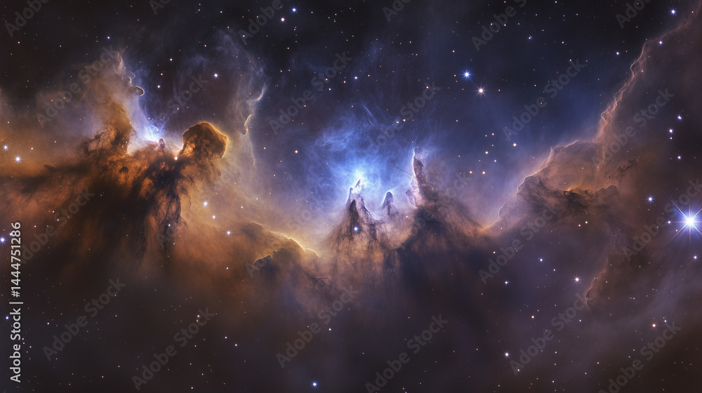 Colorful space nebula with glowing stars and swirling interstellar clouds forming galactic structures in deep outer space. Astronomy and science concept
Colorful space nebula with glowing stars and swirling interstellar clouds forming galactic structures in deep outer space. Astronomy and science concept