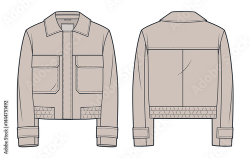 Bomber Jacket technical fashion illustration. Beige Jacket fashion flat technical drawing template, pockets, relaxed fit, front and back view, women, men, unisex Outerwear CAD mockup.