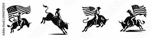 The Rodeo Bull Rider. 4th of july Independence Day Symbol Vector Clip art. Daredevil athlete upon bucking beast western equestrian action arena contest.