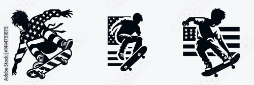 The Skater Boy. 4th of july Independence Day Symbol Vector Clip art. Daring youth enjoys concrete surfing a thrilling pastime activity for rebel soul.