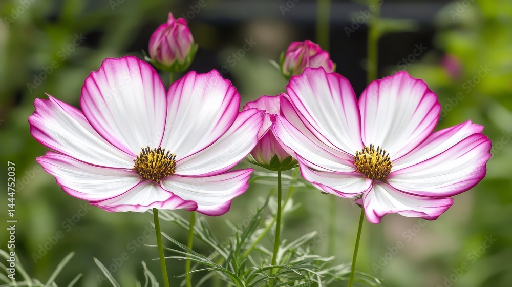Obraz premium Two White Cosmos Flowers with Pink Edges in a Garden