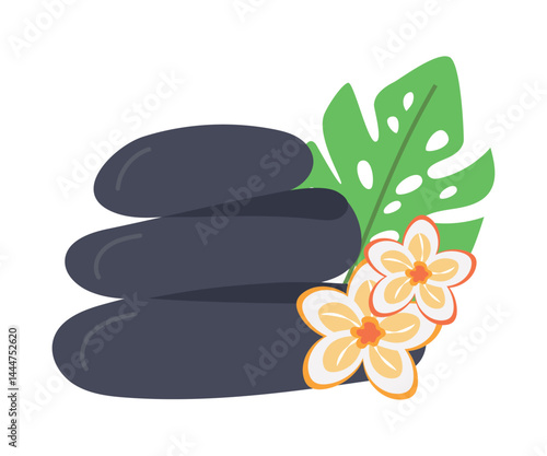 Spa therapy. Composition with massage stones, candles, lavender plant In fashionable modern style in pastel tones. Beauty spa treatment and relax concept for wellness, thai massage, meditation center.