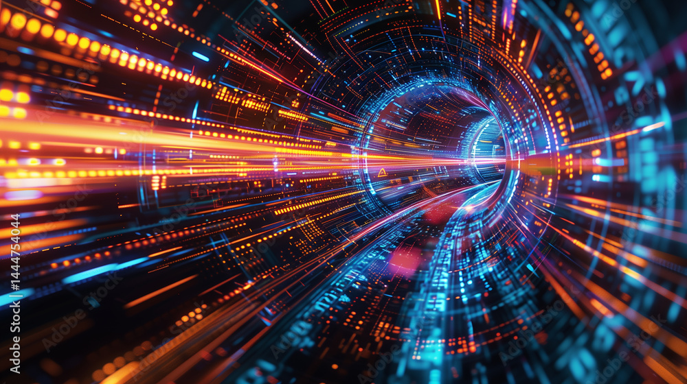 Vibrant streaks of light; representing data flow; surge through a modern server room. concept the power and speed of digital technology. Vibrant streaks of light; representing data flow; surge through a modern server room. concept the power and speed of digital technology.