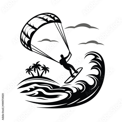 Minimalist Kitesurfer Silhouette Riding Wave, Palm Tree Island View, Black and White Icon