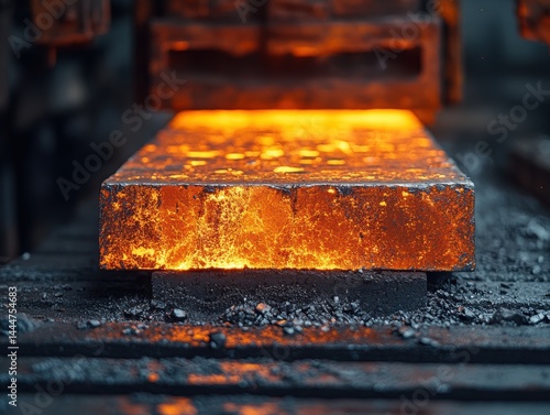 Molten metal being forged in a factory, showcasing intense heat and industrial machinery