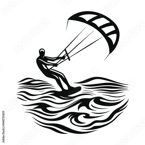 Black Silhouette Kite Surfer on Ocean Waves, Extreme Sports, White Background