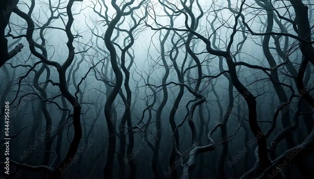 Obraz premium Twisted Thorny Forest Shrouded in Fog with Gnarled Trees