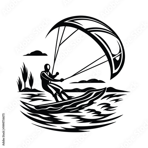 Minimalist Kiteboarder Art Silhouette Surfing, Water Sports, Wind Power, Sportsperson