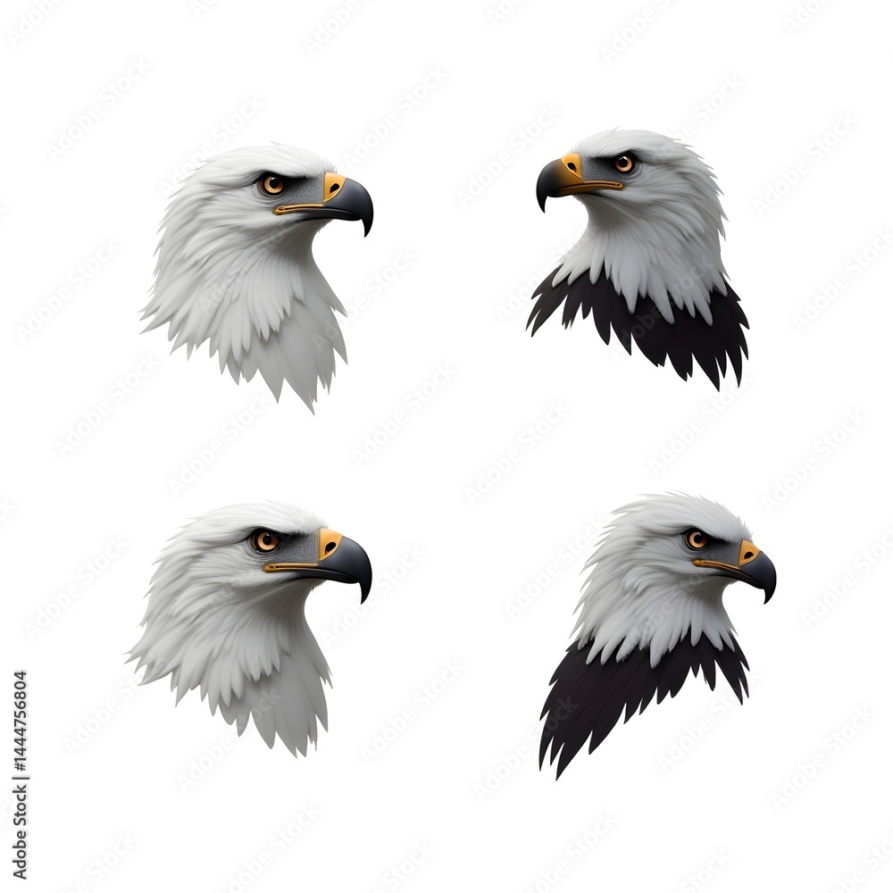 Obraz premium Set of Bald Eagle Head Icon flying Falconry Predator Bird Wildlife Wing Wildlife American Freedom Symbol 3D Vector Illustration