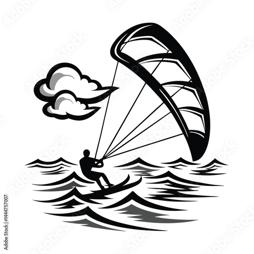 Kitesurfer Silhouette on Waves with Kite and Clouds, Minimalist Black and White