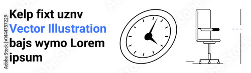 Analog clock with bold, clean design alongside an ergonomic office chair and text blocks. Ideal for productivity, time management, workspace, modern design, minimalism, corporate culture, and simple