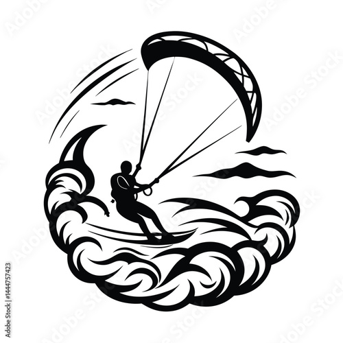 Kitesurfer Silhouette Riding Ocean Waves, Extreme Water Sport Activity, Black & White