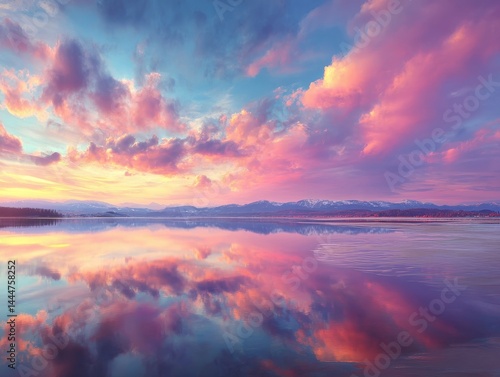 Serene lake reflecting a vibrant sunset sky.