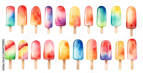 Vibrant Rainbow Popsicles Watercolor Painting Summer Treats Frozen Dessert Sweet Treats. Set of watercolor ice cream on a stick. Hand painted. Kiwi, strawberry, blueberry and watermelon sweet ice.
