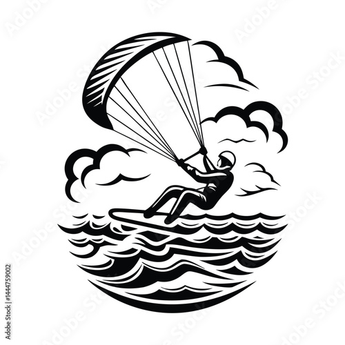 Stylish Monotone Kitesurfer Silhouette on Ocean Waves with Helmet and Clouds Accent