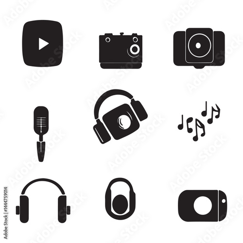 Simple Black and White Icons for Audio and Visual Media
