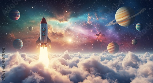 Rocket Launching Through Clouds Into Space with Planets