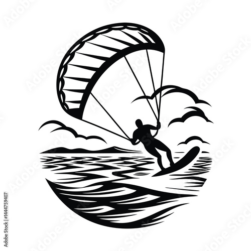 Silhouette Kitesurfer on Surfboard With Kite, Sea Waves, Birds, and Mountain