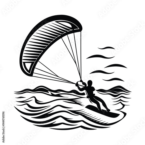 Kitesurfer Silhouette on Wavy Sea, Action Sport Icon, Water Activity, Extreme