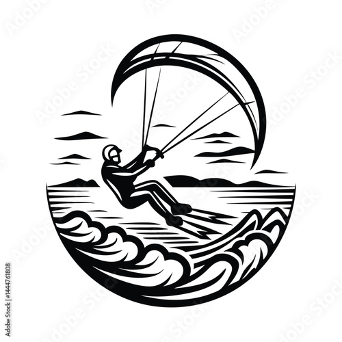 Minimalist Black of Water Skier, Sky, and Mountain Landscape