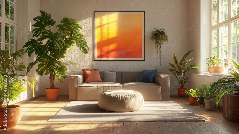 Fototapeta premium Cozy Living Room Featuring Comfortable Couch Lush Green Plant and Inviting Atmosphere for Relaxation