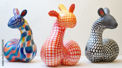Trio of whimsical stylized animal figurines with patterned decoration