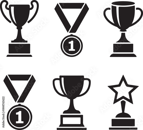 Silhouette icons of trophies, sports cup, award ribbon, medals, #1 champion, star trophy — black vector achievement clipart 
