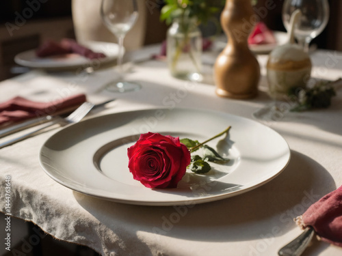 The image of a rose is sitting on an empty plate on a dinner table.