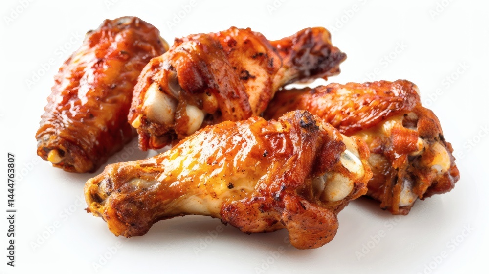 Close-up view of four crispy, cooked chicken wings. Close-up view of four crispy, cooked chicken wings.