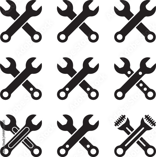 Silhouette icons of wrenches monkey wrench, adjustable wrench, open end, crossed tools, wrench with bolt — handyman clipart in black
