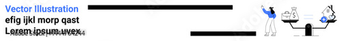 Person gesturing toward a balance scale with diverse objects representing choices and decisions. Ideal for comparison, choice analysis, decision-making, business strategy, trade-off, prioritization
