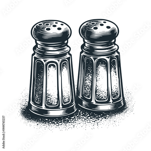 two bottles of pepper . Black white vector illustration.