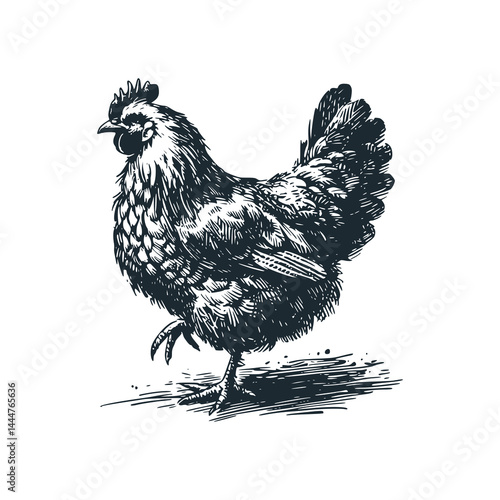 the hen lifted one leg . Black white vector illustration.